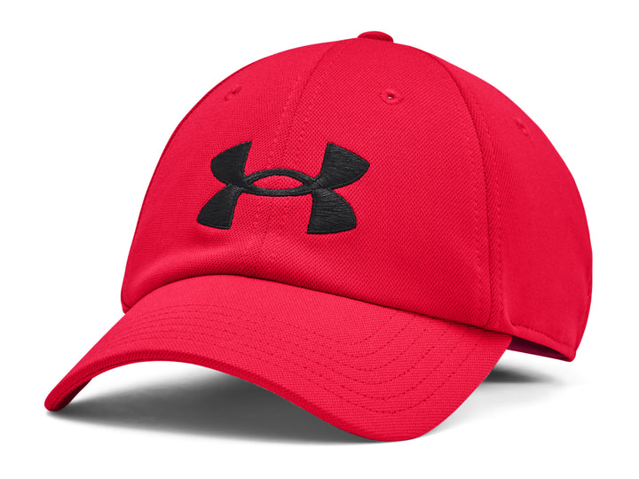 Gorra deportiva Under Armour de color rojo con logotipo frontal bordado en negro y visera curva.
