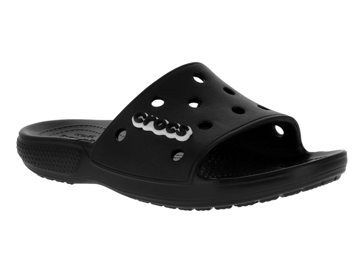 Sandalias Crocs Classic Slide en color negro con perforaciones en la banda superior y logotipo blanco.
