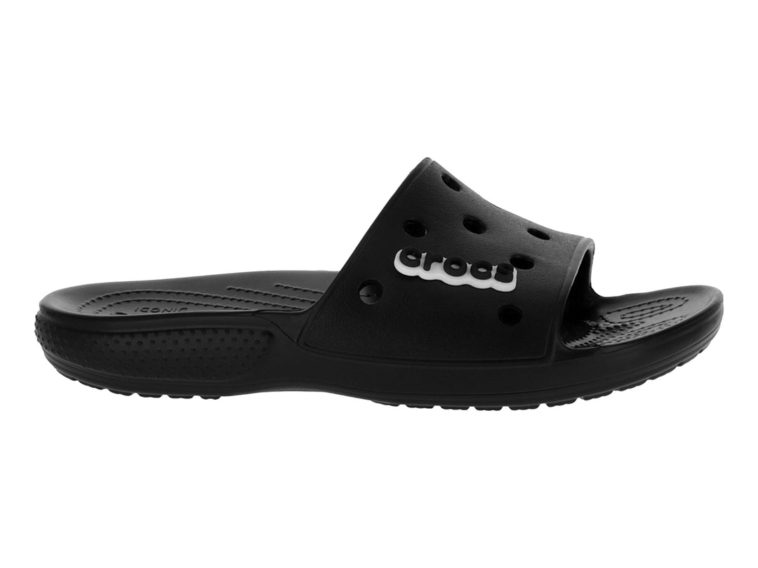 Sandalias Crocs Classic Slide en color negro con perforaciones en la banda superior y logotipo blanco.