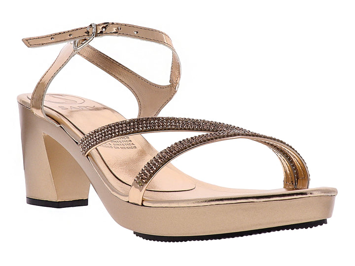 Sandalias SARY color oro rosado con tacón cuadrado, plataforma y tiras decoradas con pedrería brillante.