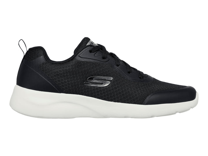 Tenis deportivos Skechers color negro con suela blanca y detalles en malla.