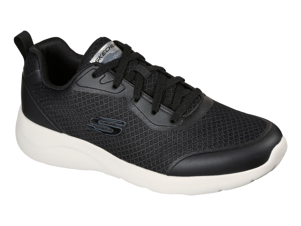 Tenis deportivos Skechers color negro con suela blanca y detalles en malla.