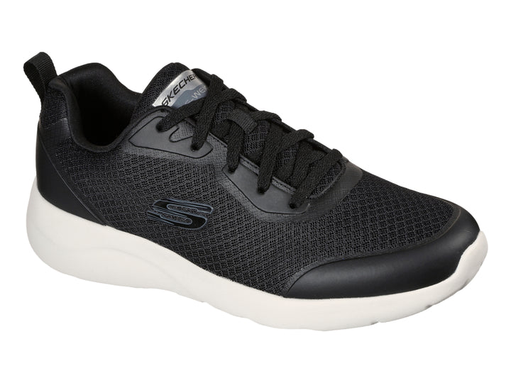 Tenis deportivos Skechers color negro con suela blanca y detalles en malla.