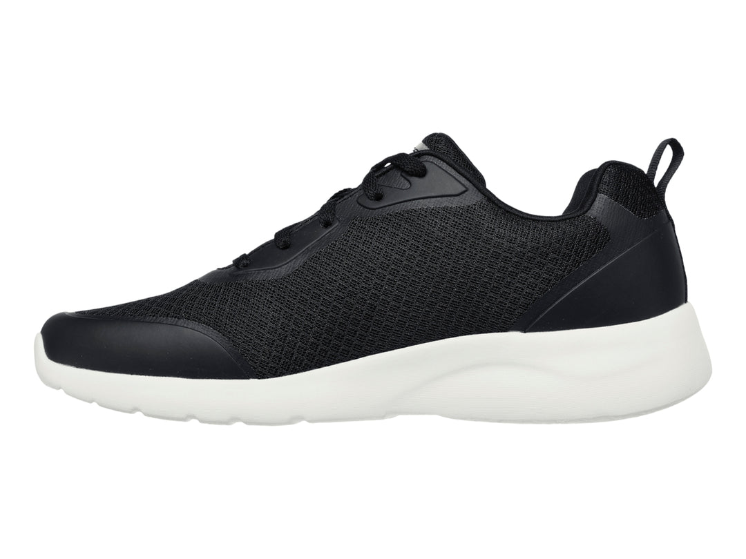 Tenis deportivos Skechers color negro con suela blanca y detalles en malla.