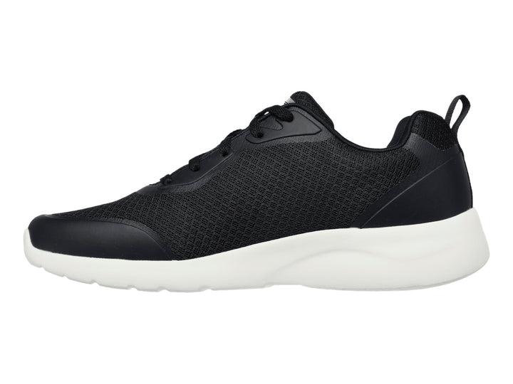 Tenis deportivos Skechers color negro con suela blanca y detalles en malla.