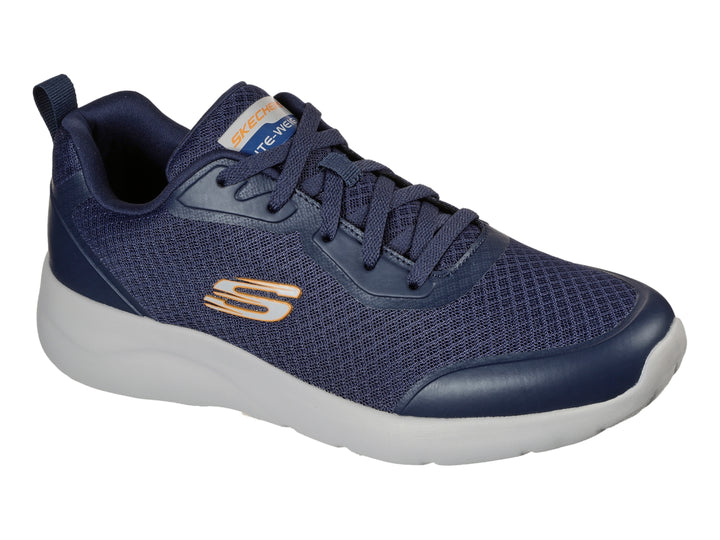 Tenis deportivos Skechers color azul marino con suela blanca y malla transpirable.