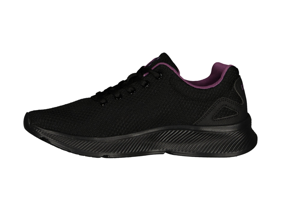 Tenis deportivos Charly color negro con detalles en morado, vista lateral.