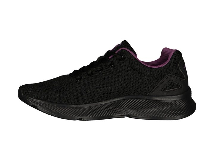 Tenis deportivos Charly color negro con detalles en morado, vista lateral.