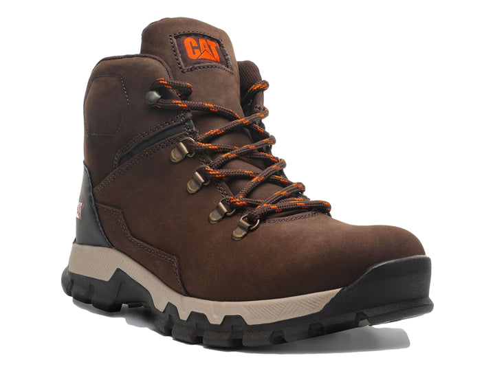 Bota Caterpillar marrón con suela beige y negra, diseño robusto y resistente.