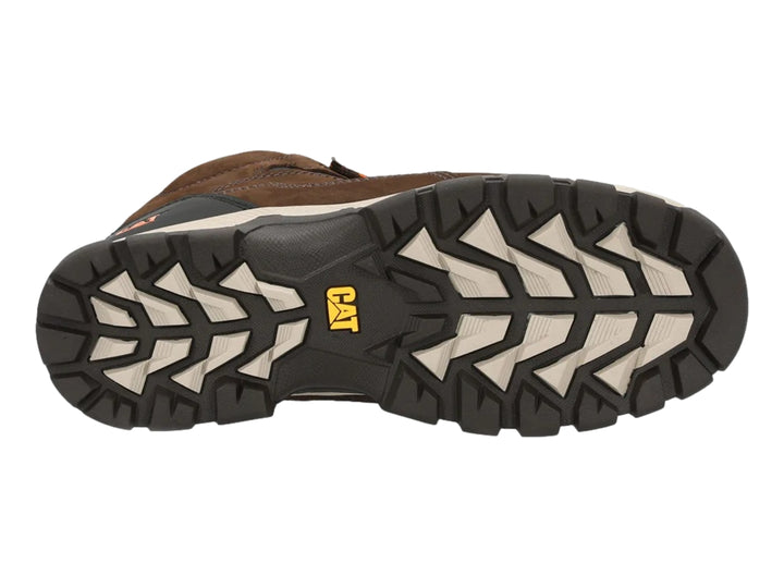 Bota Caterpillar marrón con suela beige y negra, diseño robusto y resistente.
