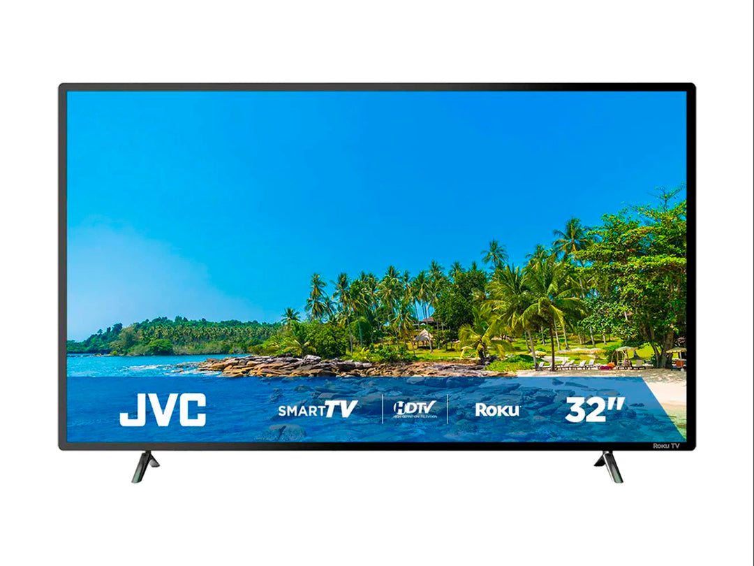 Televisor Smart TV JVC de 32 pulgadas color negro con pantalla LED y sistema Roku.