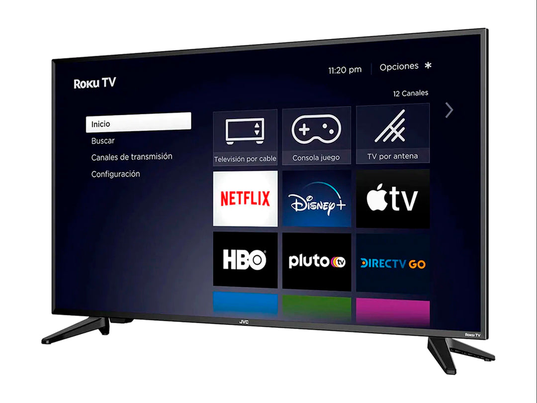 Televisor Smart TV JVC de 32 pulgadas color negro con pantalla LED y sistema Roku.