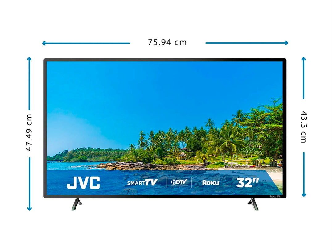 Televisor Smart TV JVC de 32 pulgadas color negro con pantalla LED y sistema Roku.