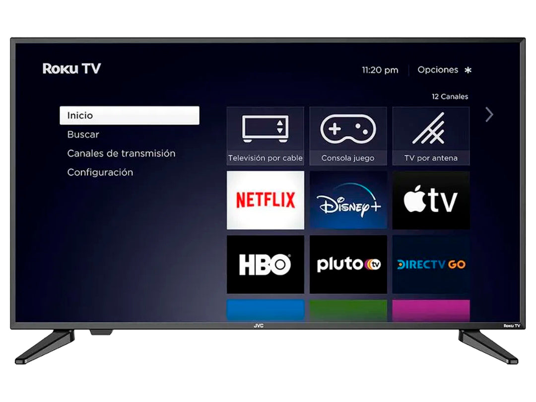 Televisor Smart TV JVC de 50 pulgadas color negro con interfaz de Roku TV en pantalla.