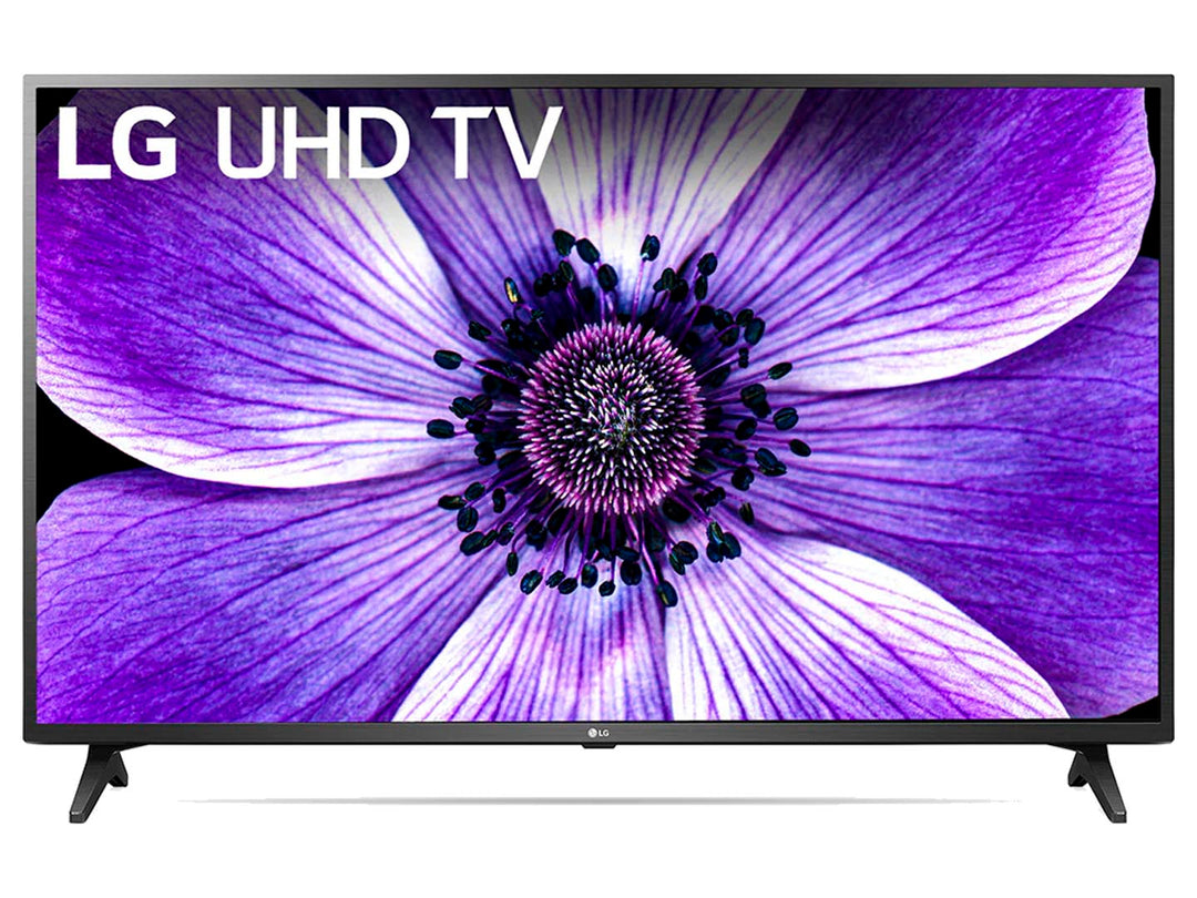 Televisor Smart TV LG de 50 pulgadas color negro con pantalla UHD 4K mostrando una imagen de flor púrpura.