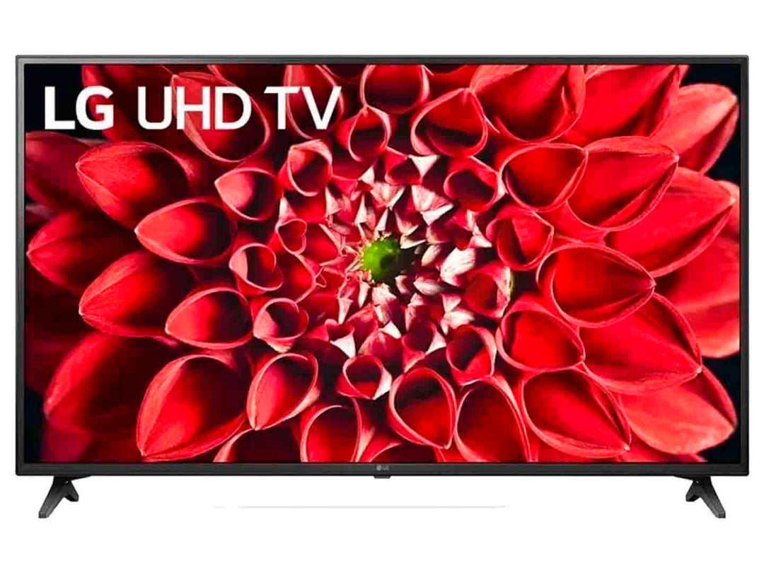 Televisor Smart TV LG UHD 4K de 43 pulgadas en color negro con imagen de flor roja en pantalla.