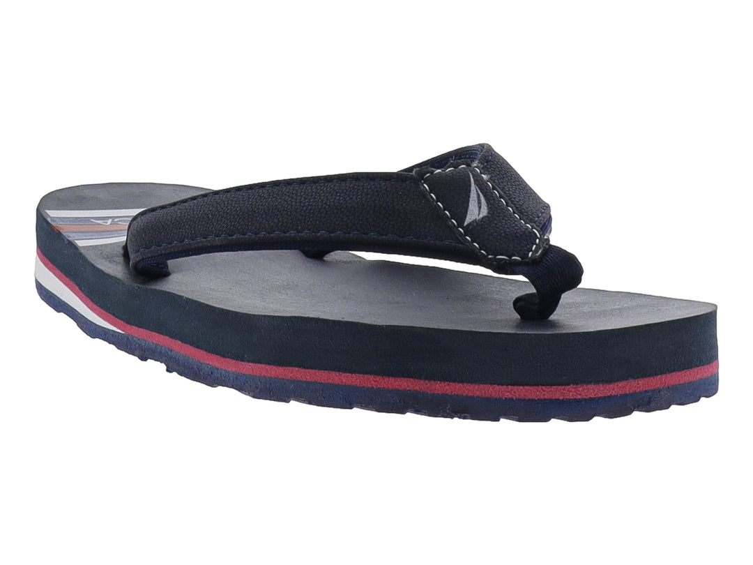 Sandalias Nautica color azul con detalles en rojo y blanco en la suela y tira de tela negra.