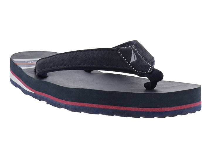Sandalias Nautica color azul con detalles en rojo y blanco en la suela y tira de tela negra.