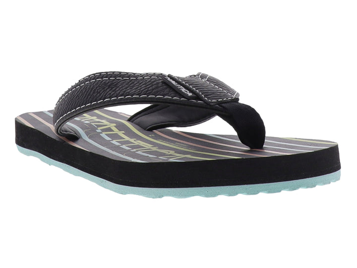 Sandalia de dedo Nautica color negro con rayas multicolores en la plantilla y suela azul claro.