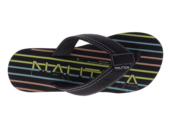 Sandalia de dedo Nautica color negro con rayas multicolores en la plantilla y suela azul claro.