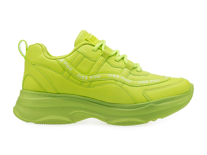 Tenis deportivos color verde neón con suela gruesa y detalles de la marca MISS PINK.