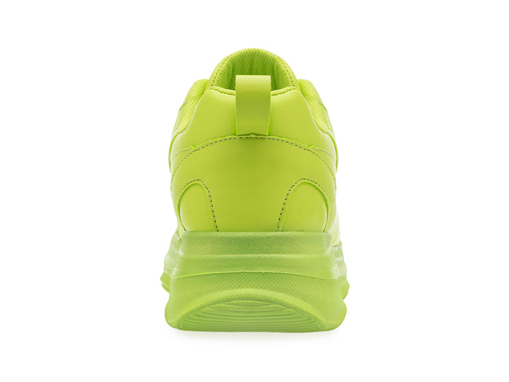 Tenis deportivos color verde neón con suela gruesa y detalles de la marca MISS PINK.