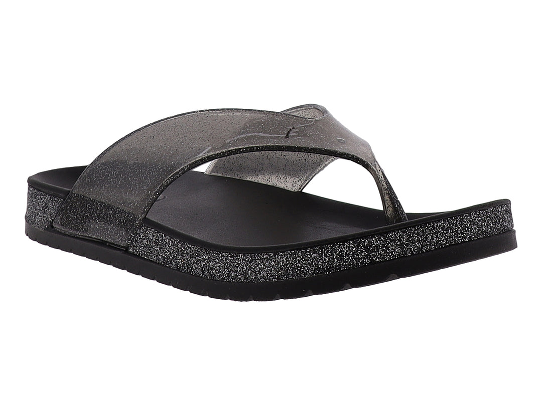 Sandalias negras para mujer con correa transparente y suela con detalles brillantes.