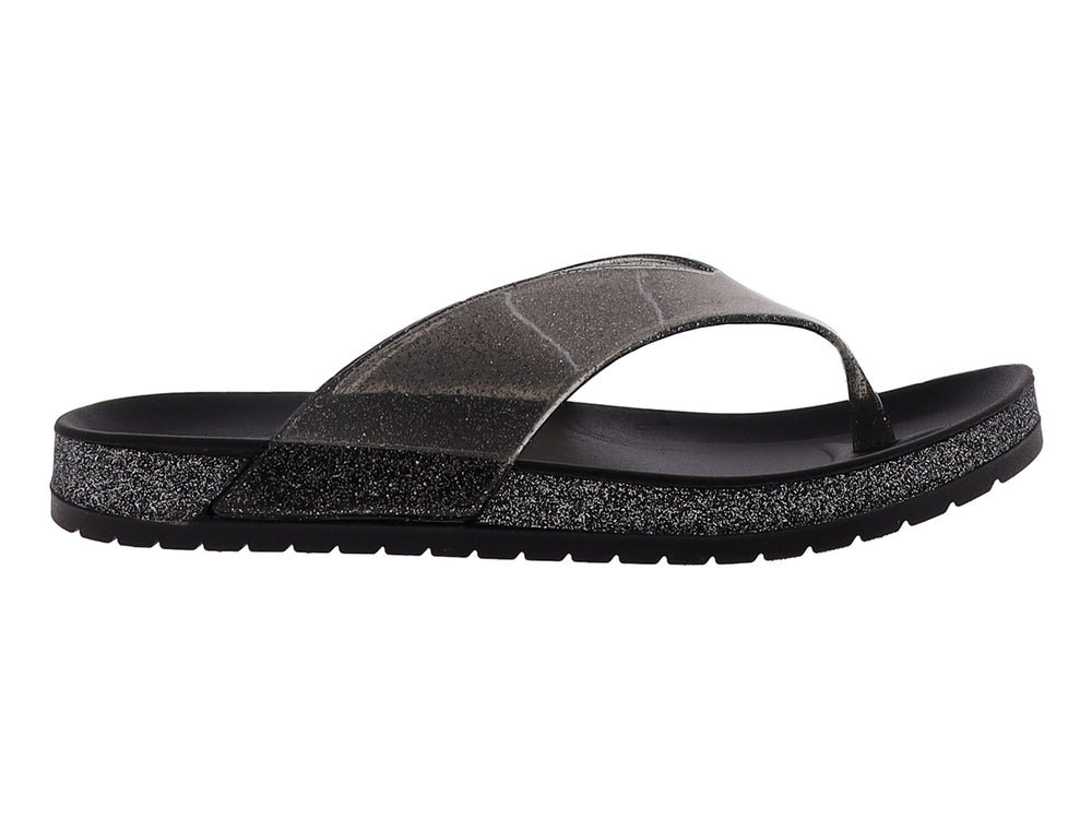 Sandalias negras para mujer con correa transparente y suela con detalles brillantes.