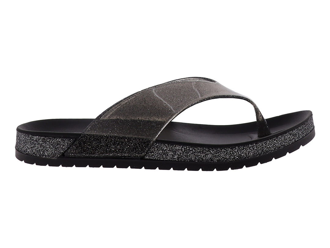 Sandalias negras para mujer con correa transparente y suela con detalles brillantes.