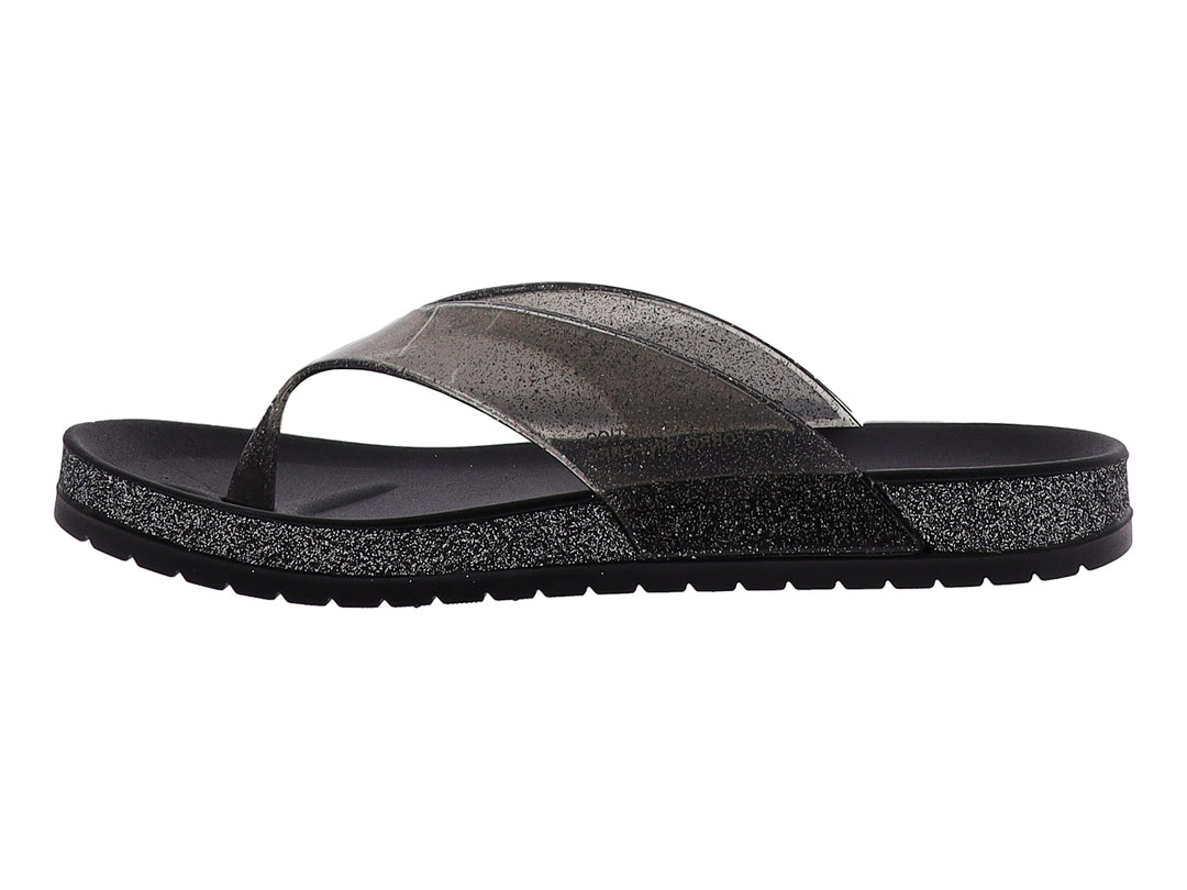 Sandalias negras para mujer con correa transparente y suela con detalles brillantes.