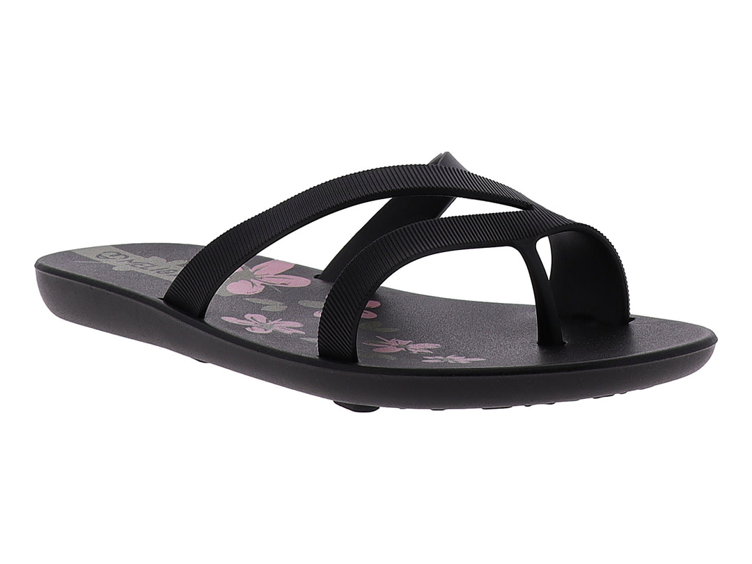 Sandalias negras para mujer con detalles florales en color rosa en la plantilla.