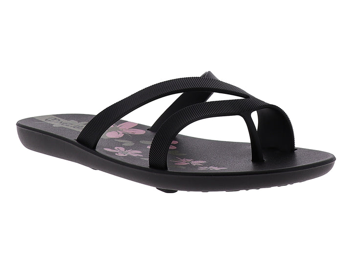 Sandalias negras para mujer con detalles florales en color rosa en la plantilla.