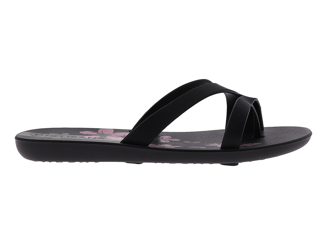Sandalias negras para mujer con detalles florales en color rosa en la plantilla.