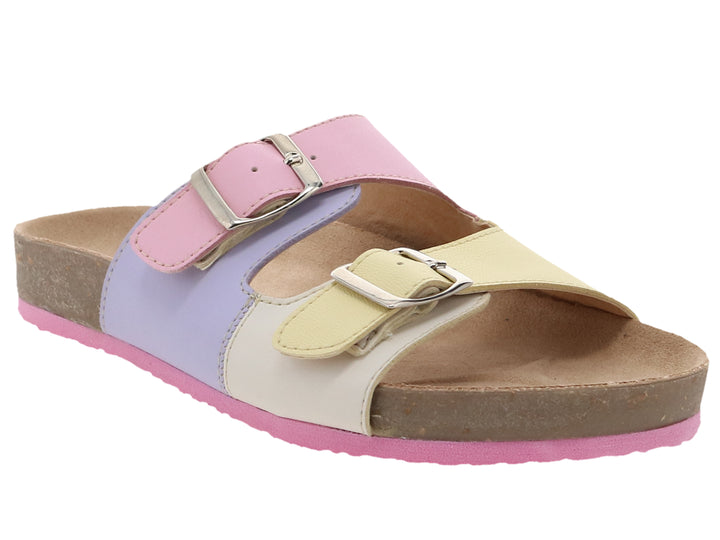 Sandalia Tropicana multicolor en tonos lavanda, rosa y amarillo con hebillas plateadas y suela de corcho.