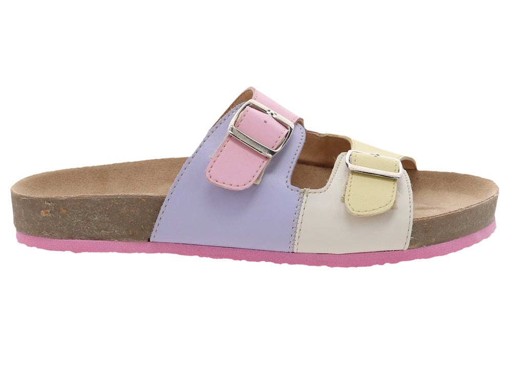 Sandalia Tropicana multicolor en tonos lavanda, rosa y amarillo con hebillas plateadas y suela de corcho.