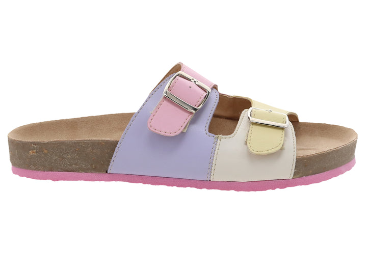 Sandalia Tropicana multicolor en tonos lavanda, rosa y amarillo con hebillas plateadas y suela de corcho.