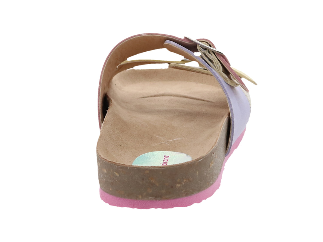 Sandalia Tropicana multicolor en tonos lavanda, rosa y amarillo con hebillas plateadas y suela de corcho.