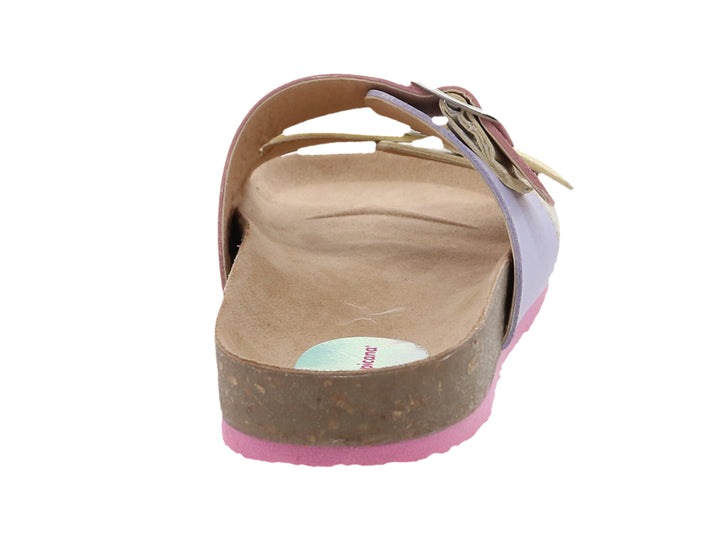 Sandalia Tropicana Sicilia multicolor en tonos lavanda, rosa y amarillo con hebillas metálicas y suela de corcho.