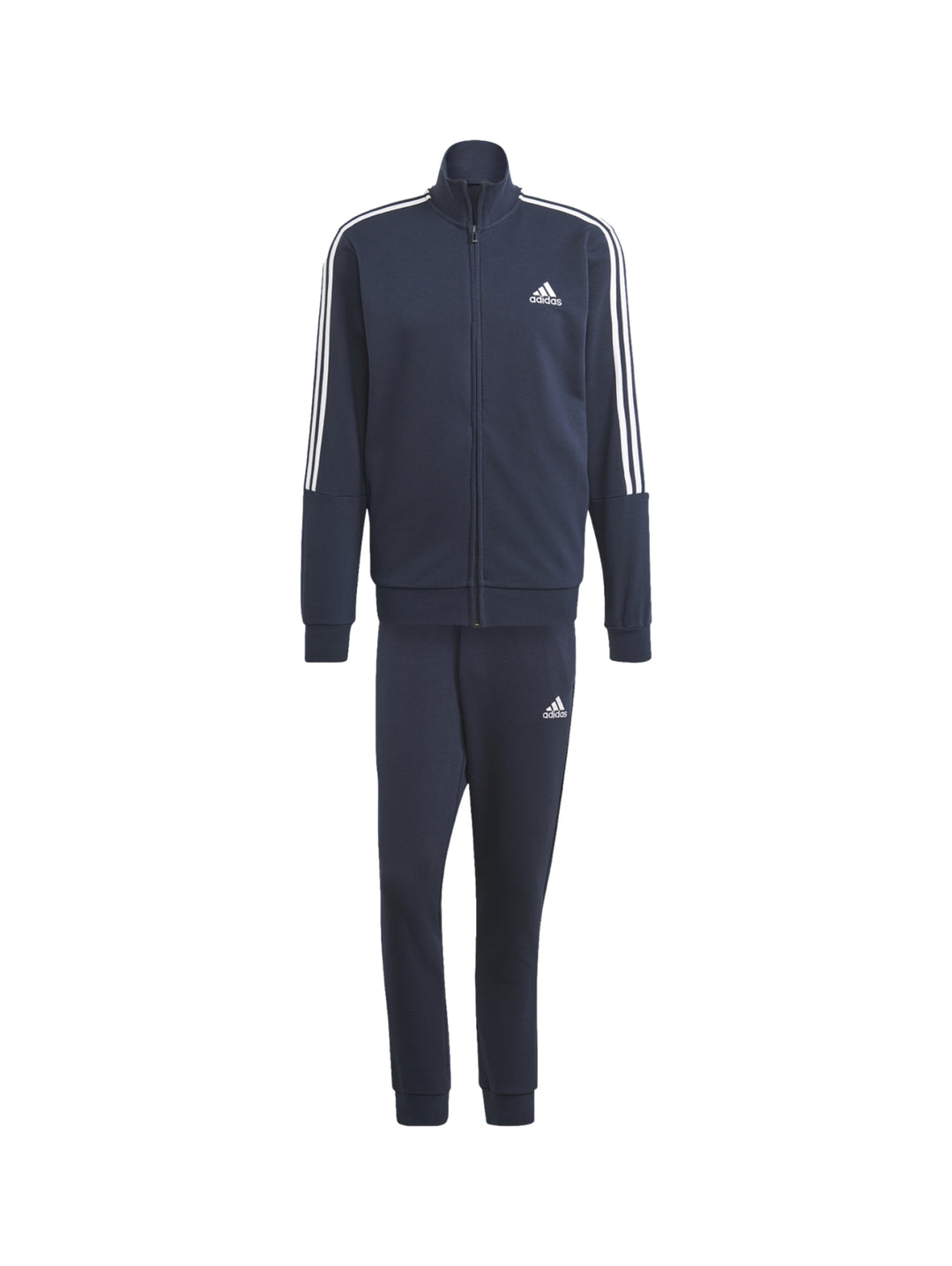 Hombre vistiendo conjunto deportivo Adidas azul marino con tres franjas blancas laterales.