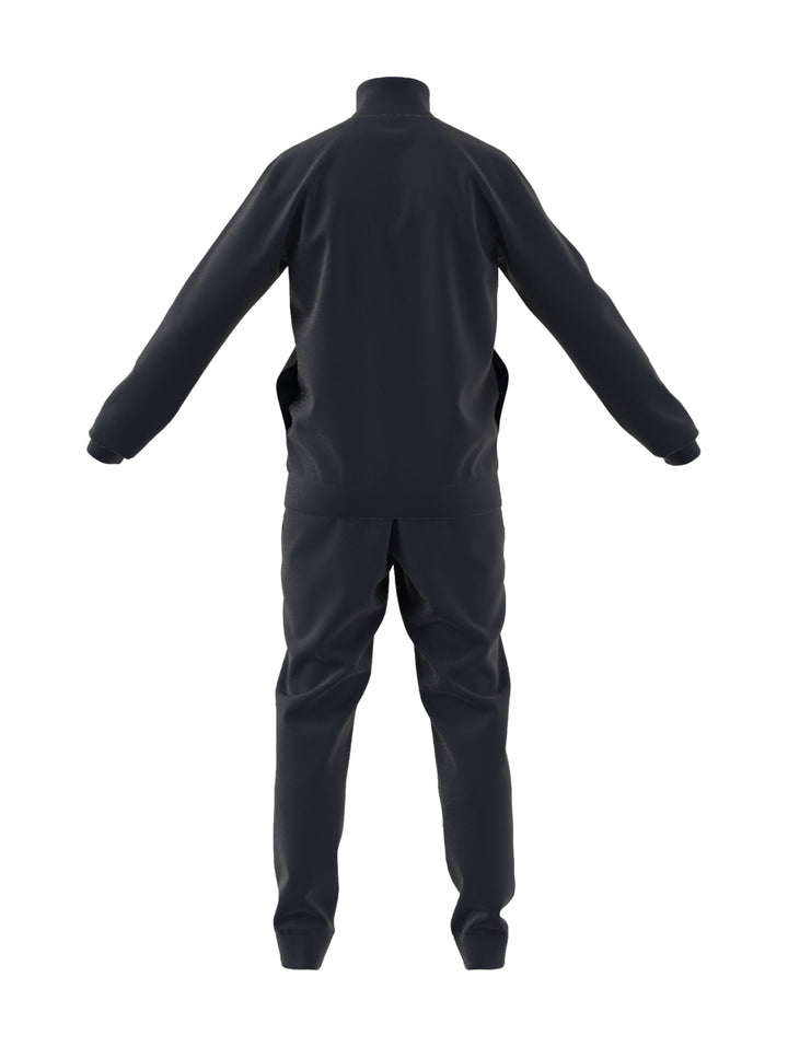 Hombre vistiendo conjunto deportivo Adidas azul marino con tres franjas blancas laterales.