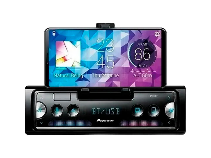 Dispositivo Pioneer negro con pantalla digital y botones de control.