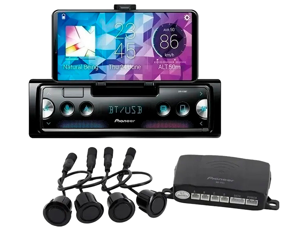 Dispositivo Pioneer negro con pantalla digital y botones de control.