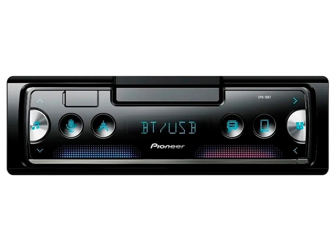 Dispositivo Pioneer negro con pantalla digital y botones de control.
