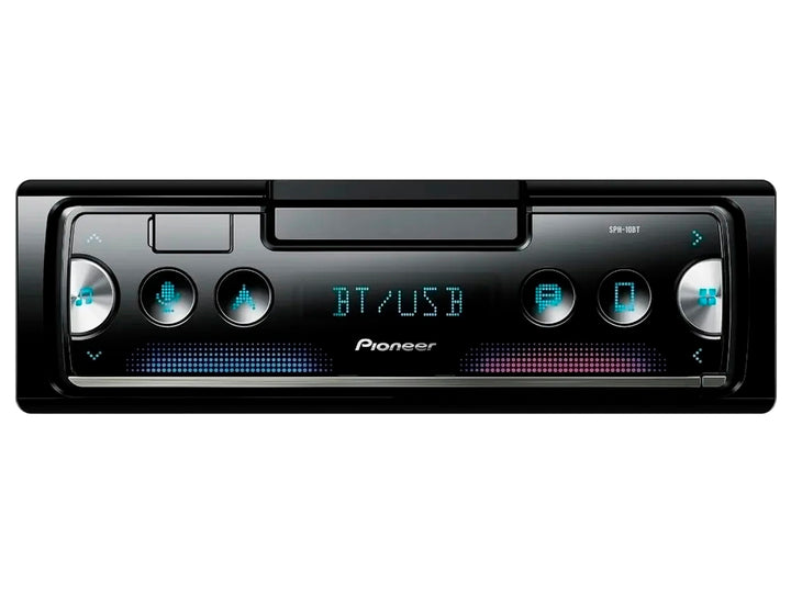 Dispositivo Pioneer negro con pantalla digital y botones de control.