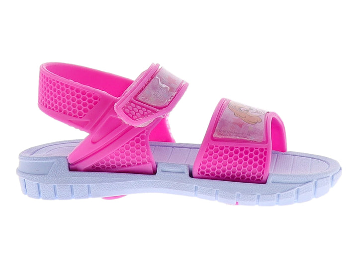 Sandalia infantil color fucsia y azul cielo con correas ajustables y diseño decorativo.