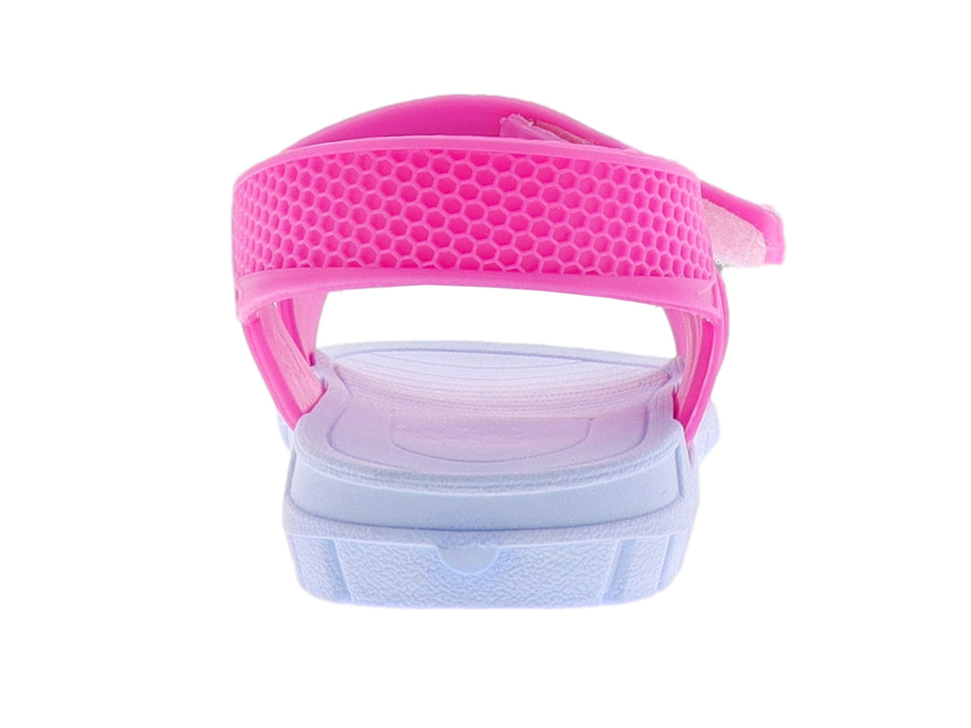 Sandalia infantil color fucsia y azul cielo con correas ajustables y diseño decorativo.