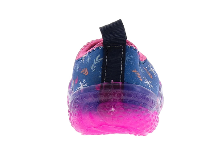 Zapato infantil azul y rosa con estampado de personajes de Frozen y suela translúcida rosa.