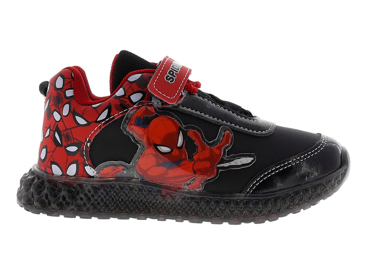 Tenis deportivos infantiles color negro con gráfico de Spider-Man y correa roja de velcro.