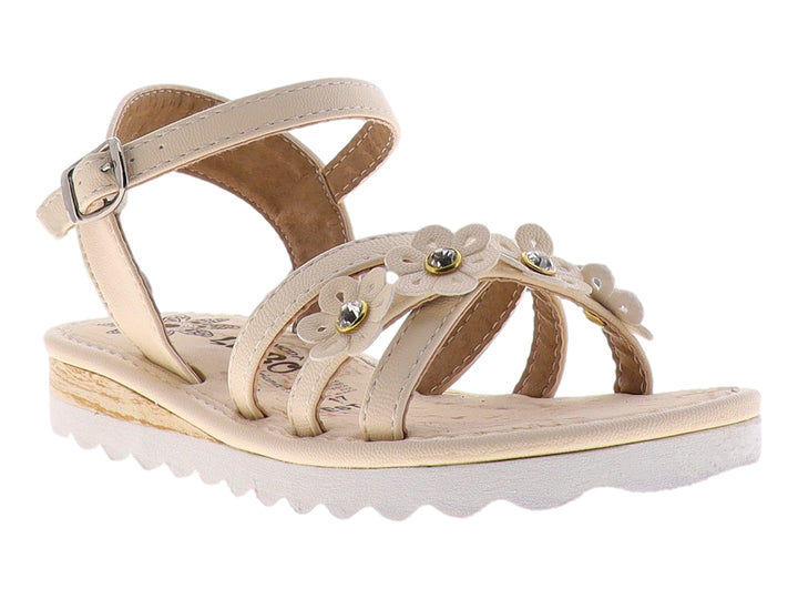 Sandalias color marfil para niña con detalles de flores y cierre de hebilla.