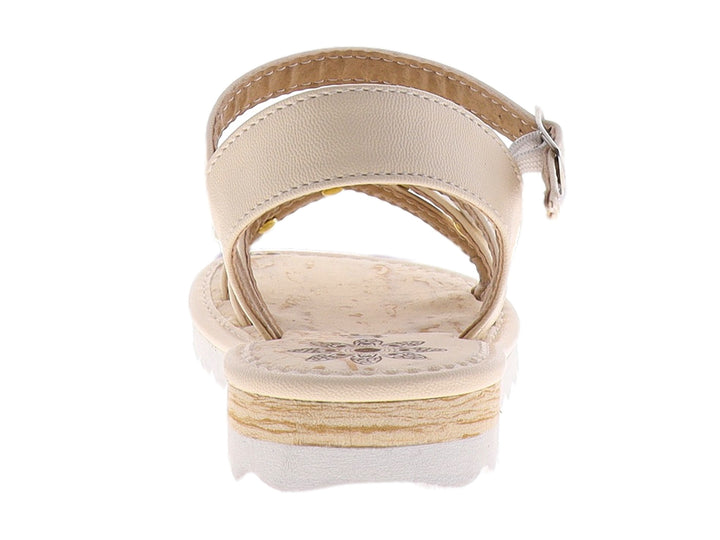 Sandalias para niña color marfil con detalles de flores y correa con hebilla.